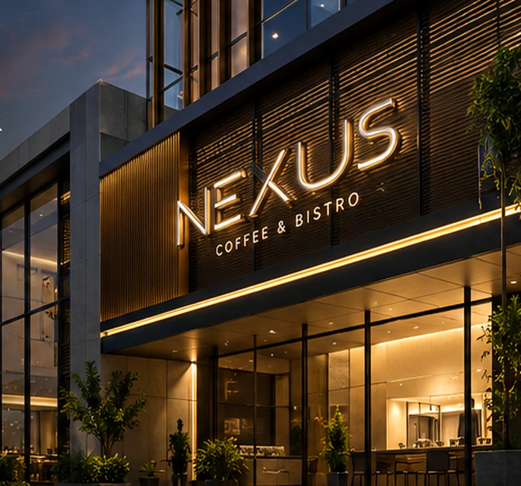 AI-generated architectural signage concept for demonstration, not a real completed project